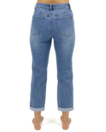 Back stock shot of Mid-Wash Non Distressed High Rise Girlfriend Jeans