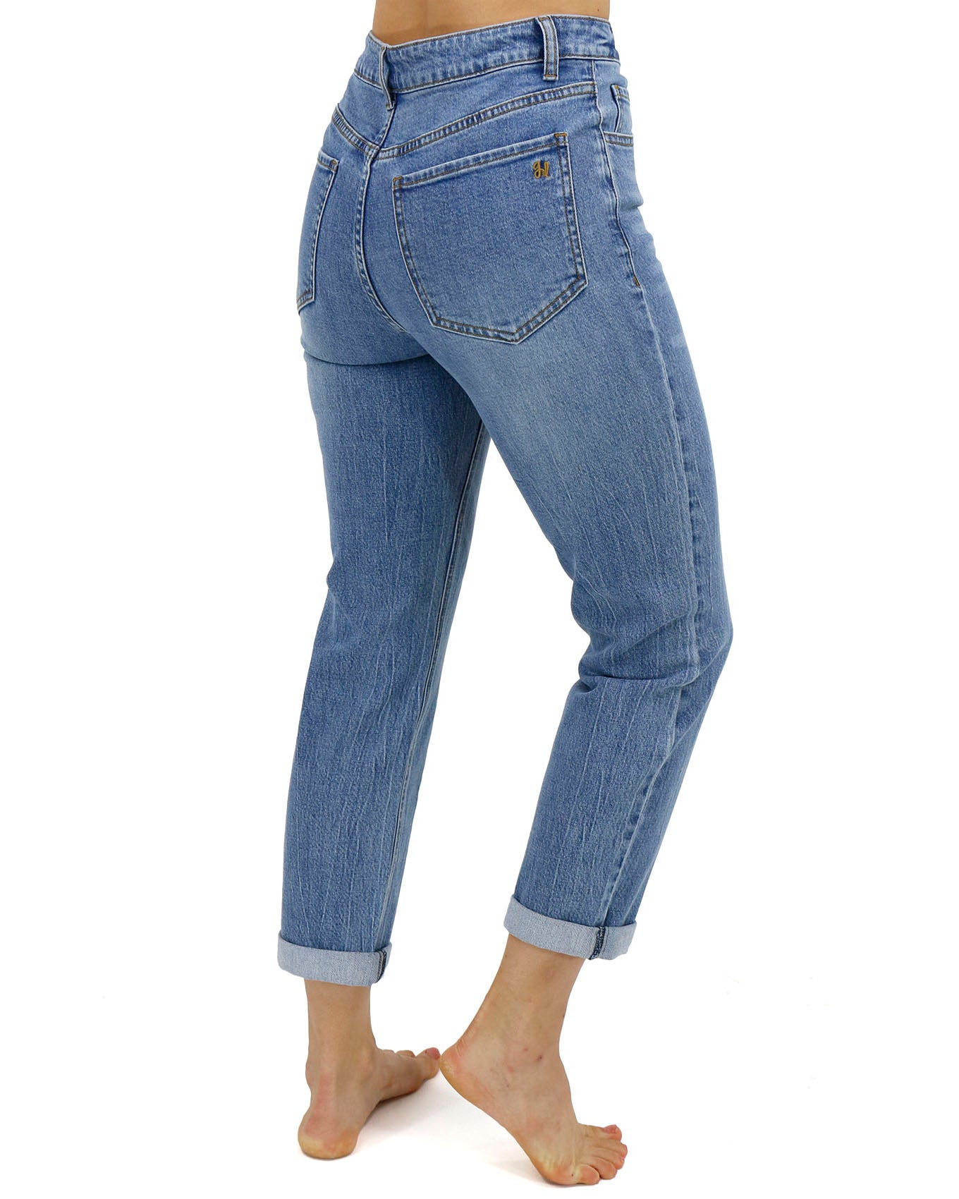 Side stock shot of Mid-Wash Non Distressed High Rise Girlfriend Jeans