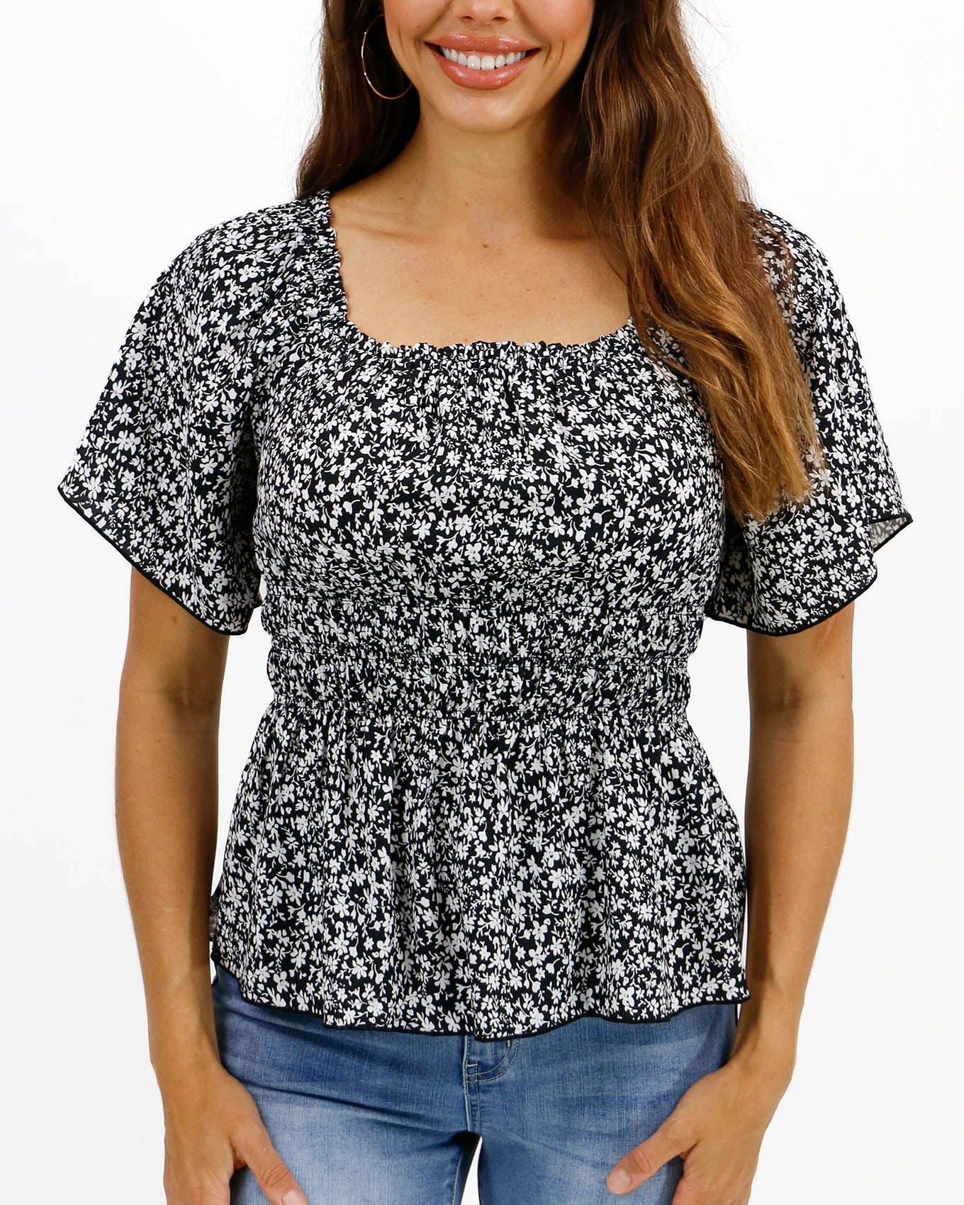 Front view smocked top in black