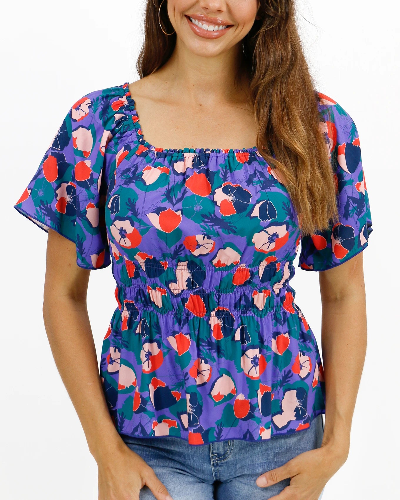 Front view smocked babydoll top