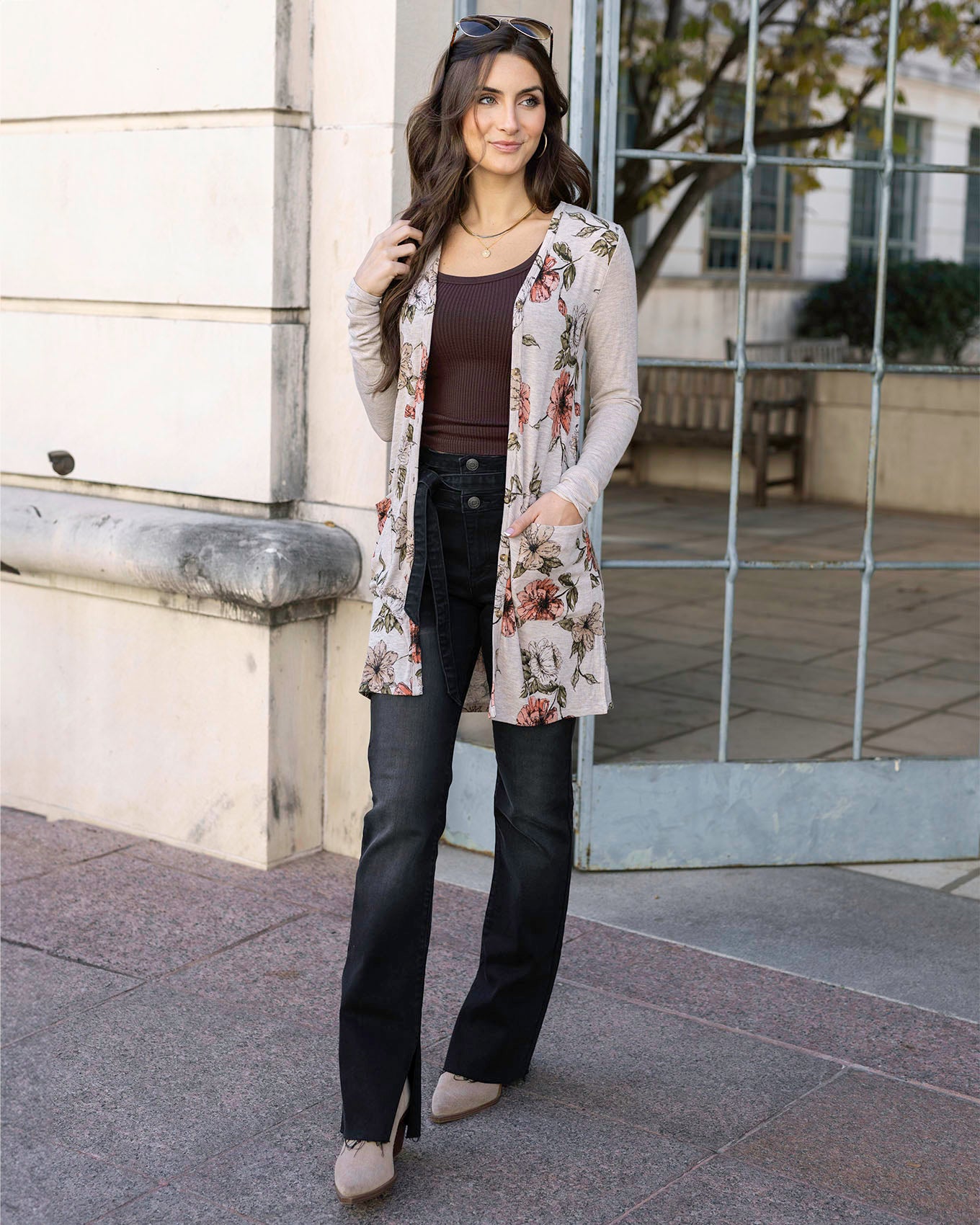 Full styled view of Floral Lightweight Ribbed Cardigan