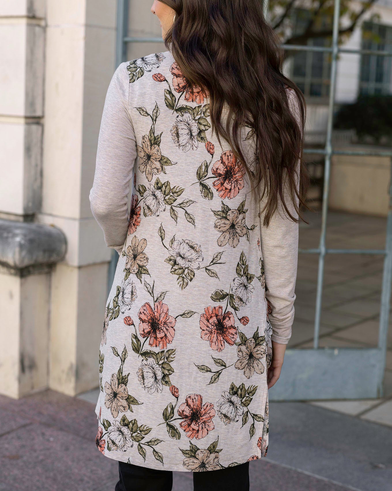 Back view of Floral Lightweight Ribbed Cardigan