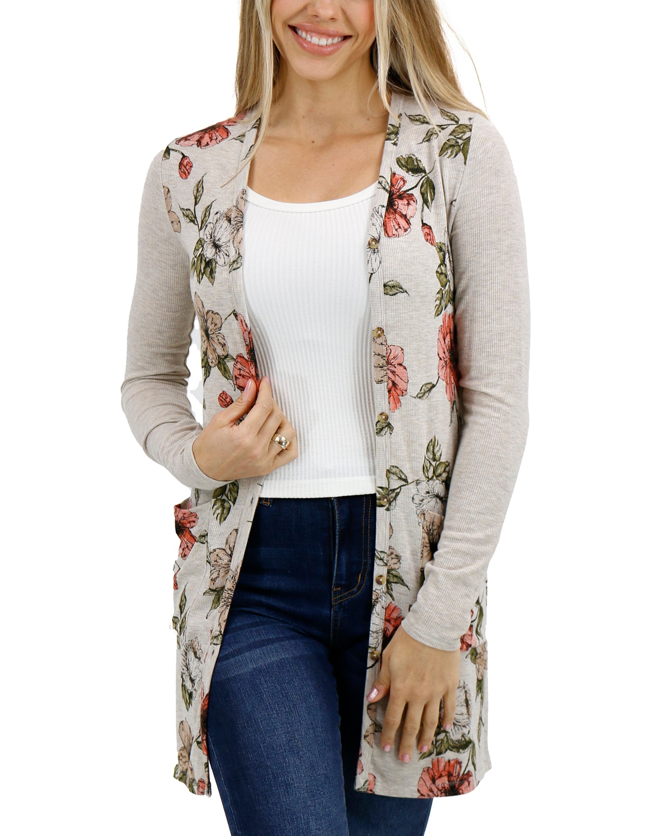 Front stock shot of Floral Lightweight Ribbed Cardigan