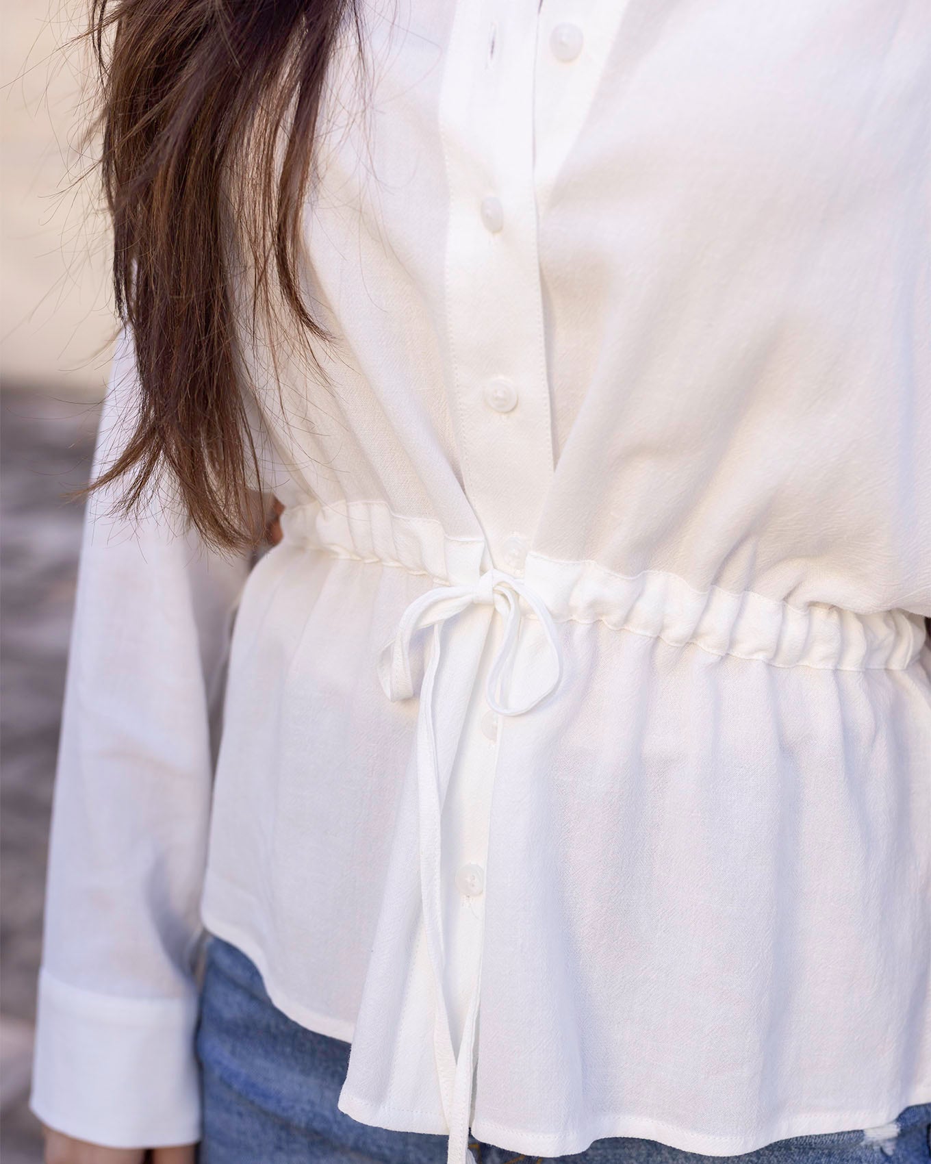 Detail view of Soft White Linen Button Up Day Shirt