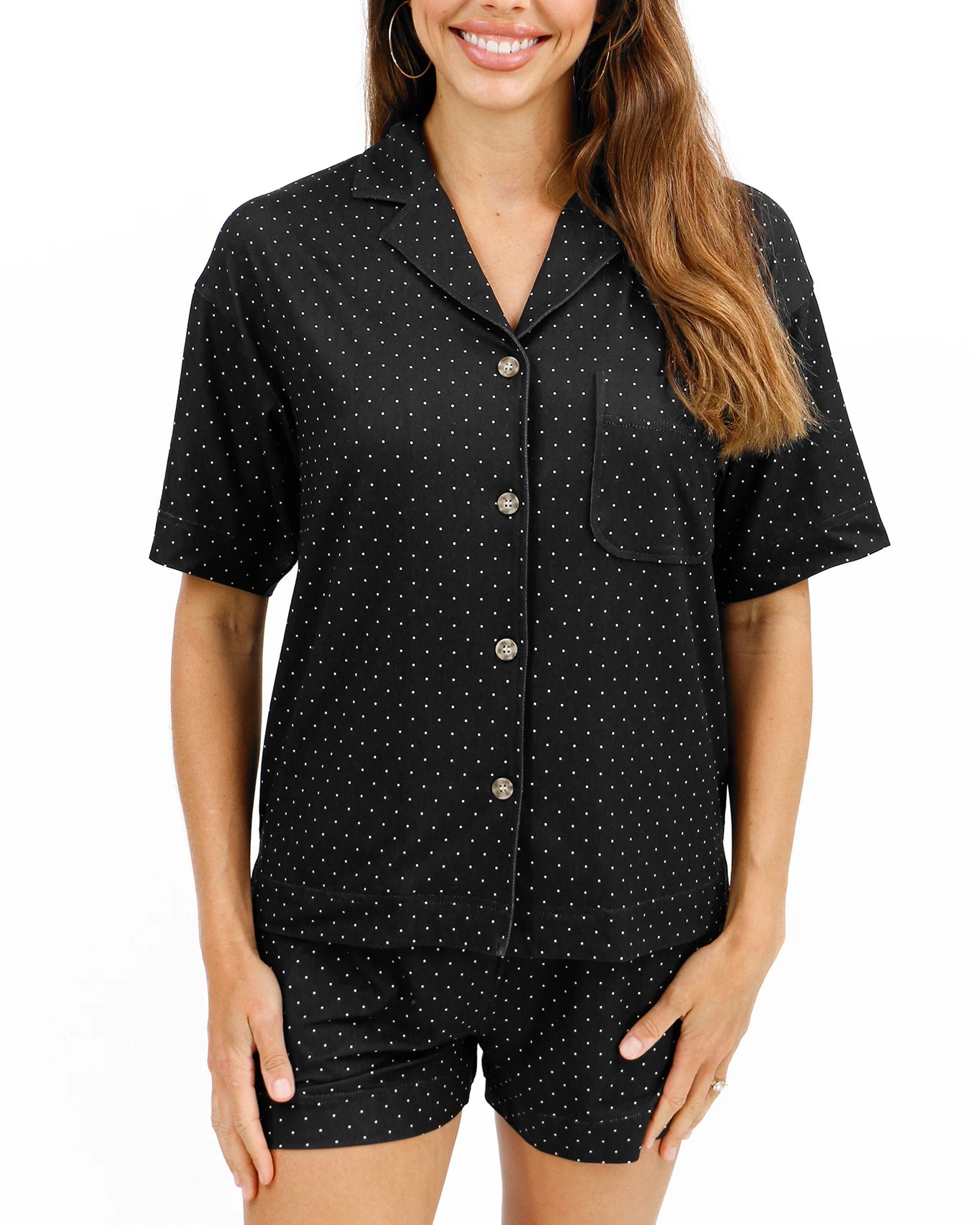 Live-In Short Sleeve Pajama Set in Black Dot Print