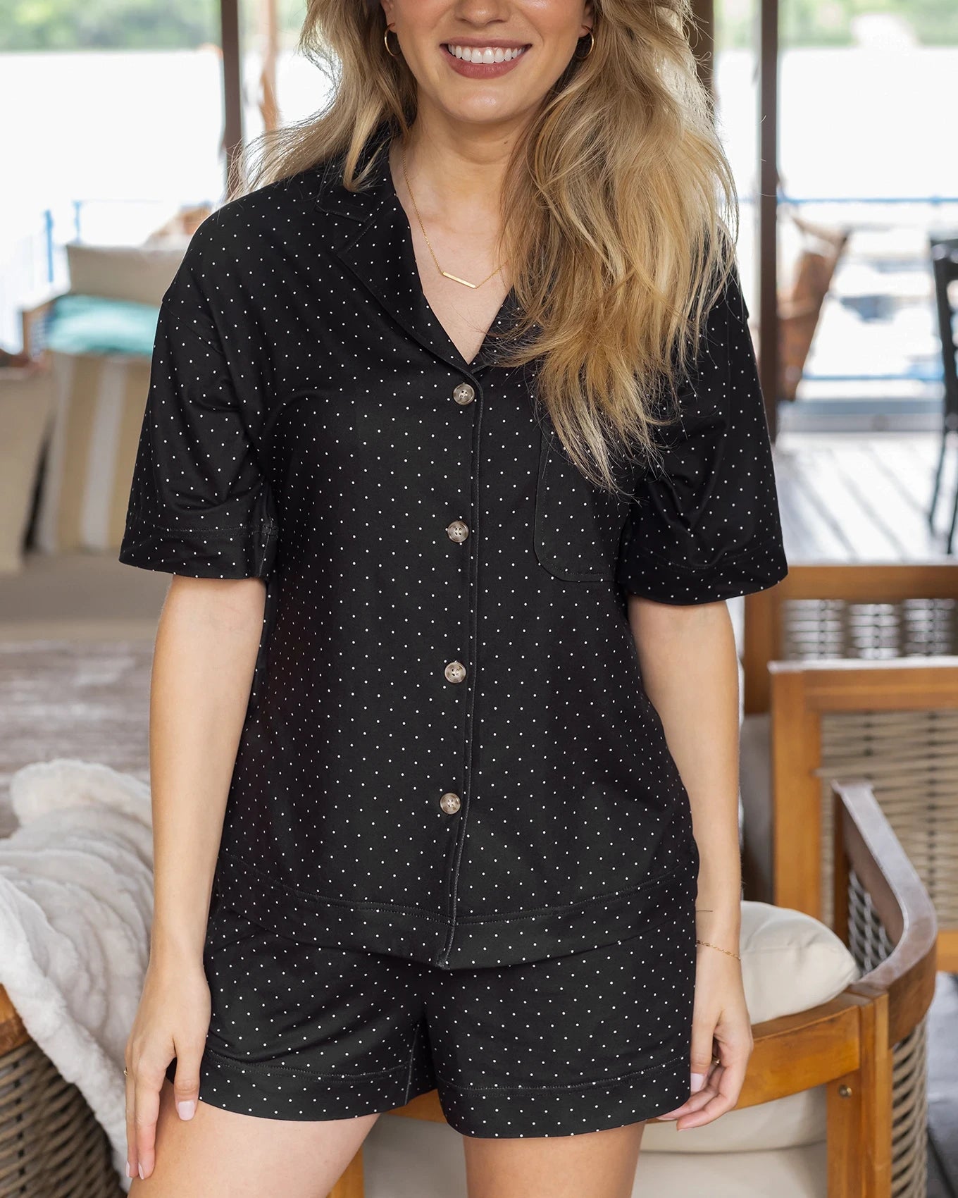 Live-In Short Sleeve Pajama Set in Black Dot Print