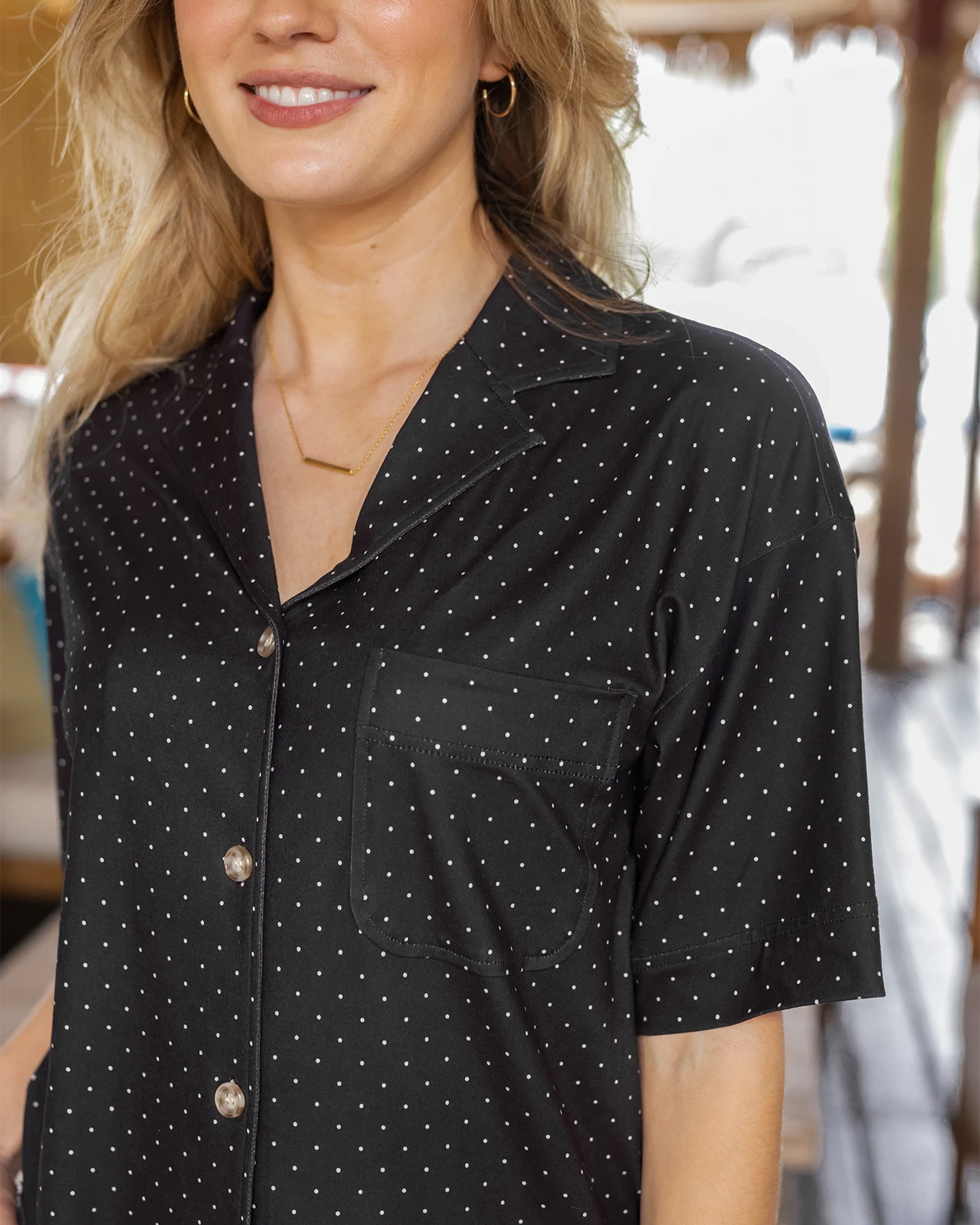 Live-In Short Sleeve Pajama Set in Black Dot Print