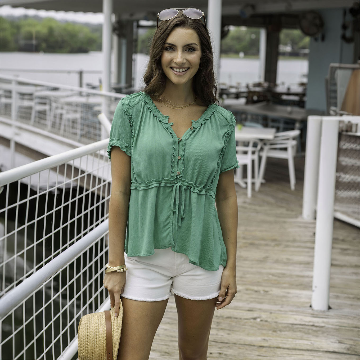 Lola Frilly Button Front Top in Spring Green - FINAL SALE