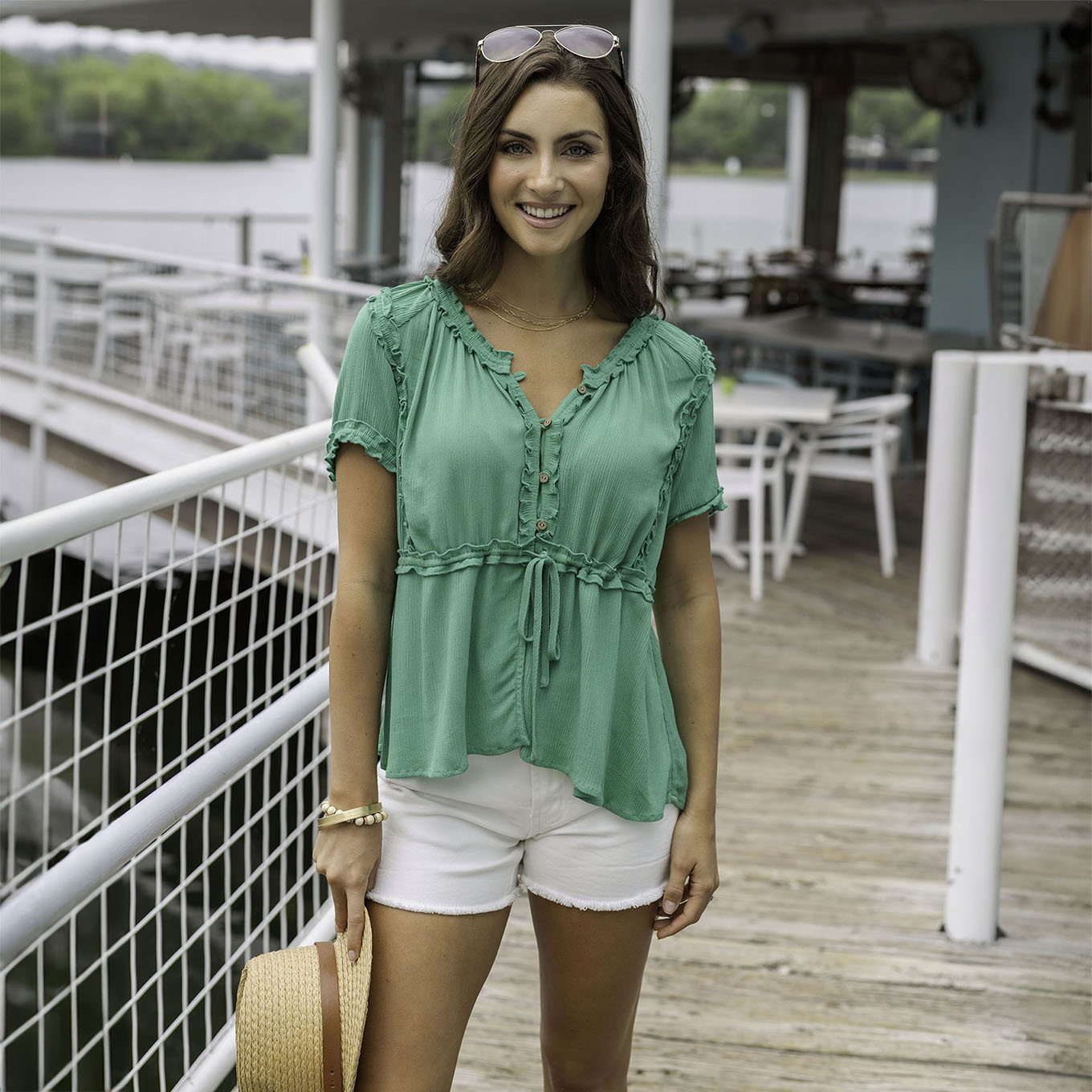 Lola Frilly Button Front Top in Spring Green