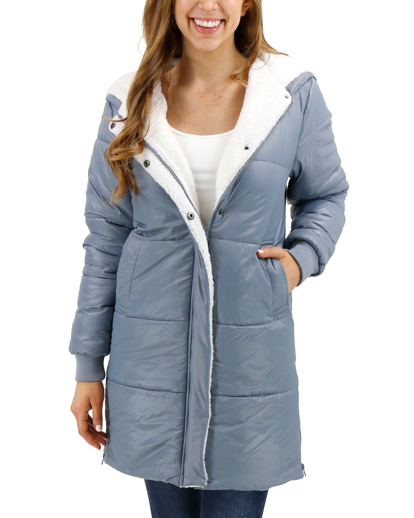 front view zipped stock shot of long line hooded puffer jacket
