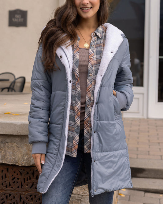 front view of long line hooded puffer jacket