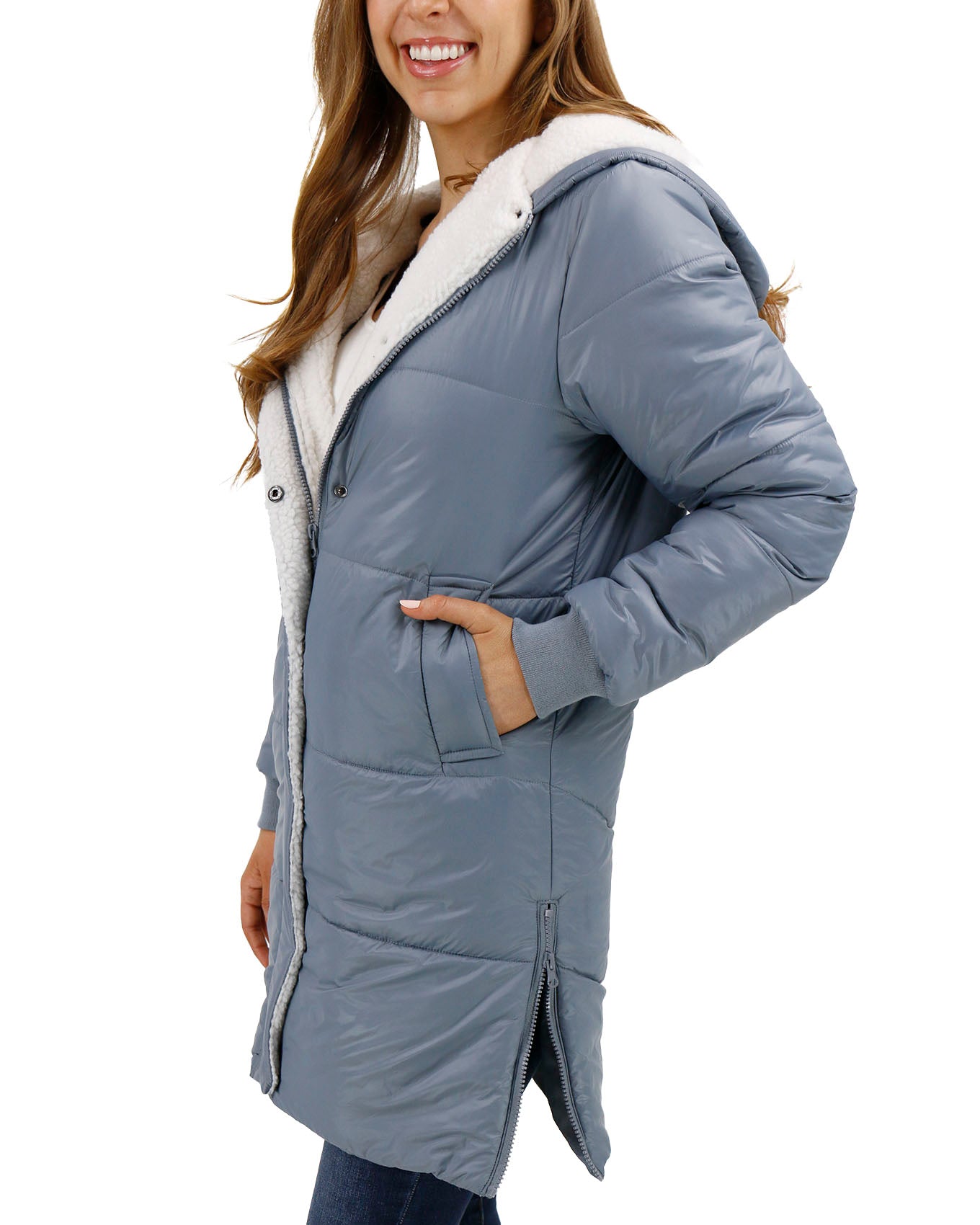 side view stock shot of long line hooded puffer jacket