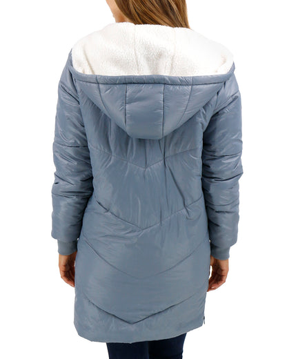 back view stock shot of long line hooded puffer jacket