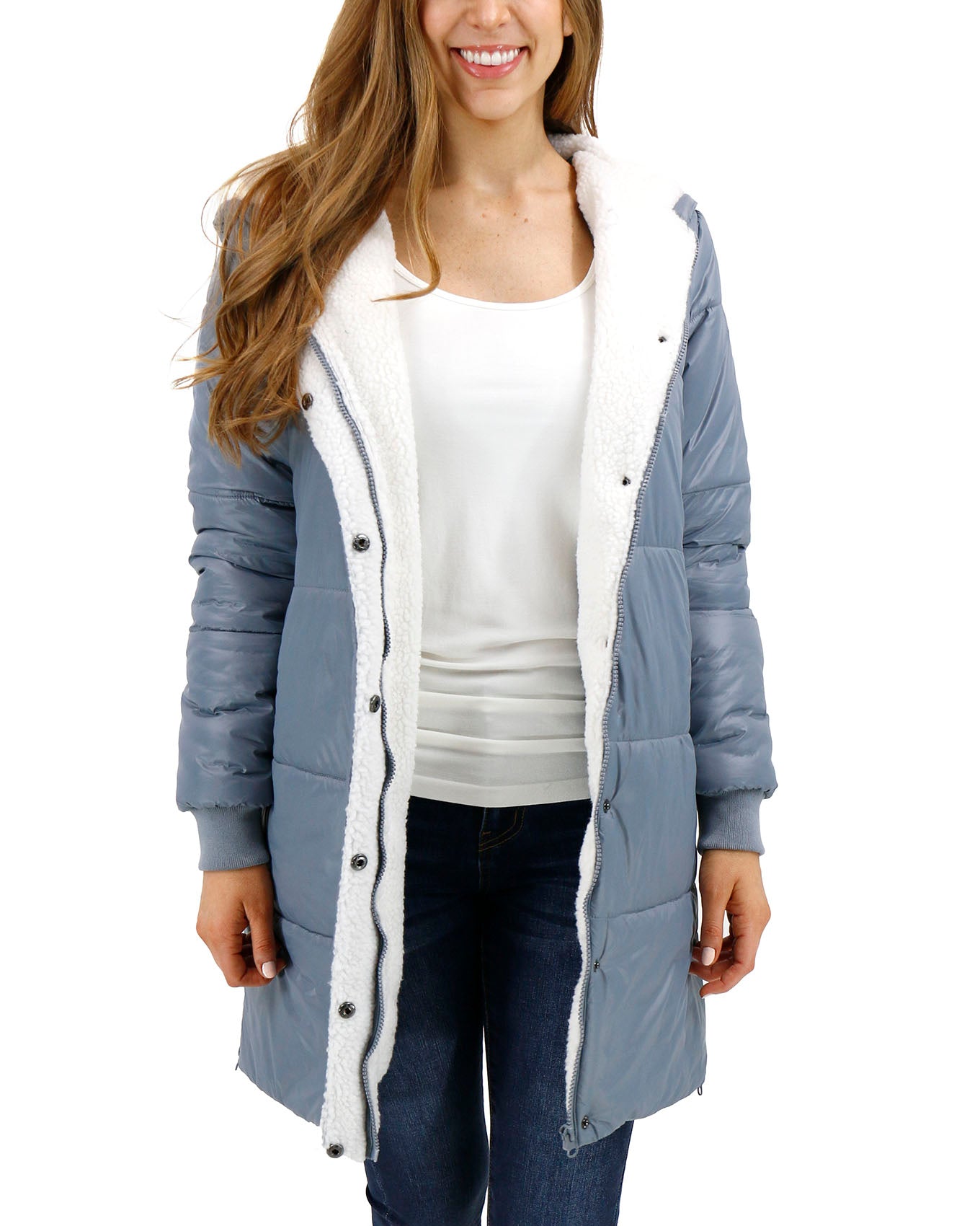 front view stock shot of long line hooded puffer jacket
