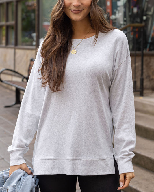front view of grey long sleeve tee