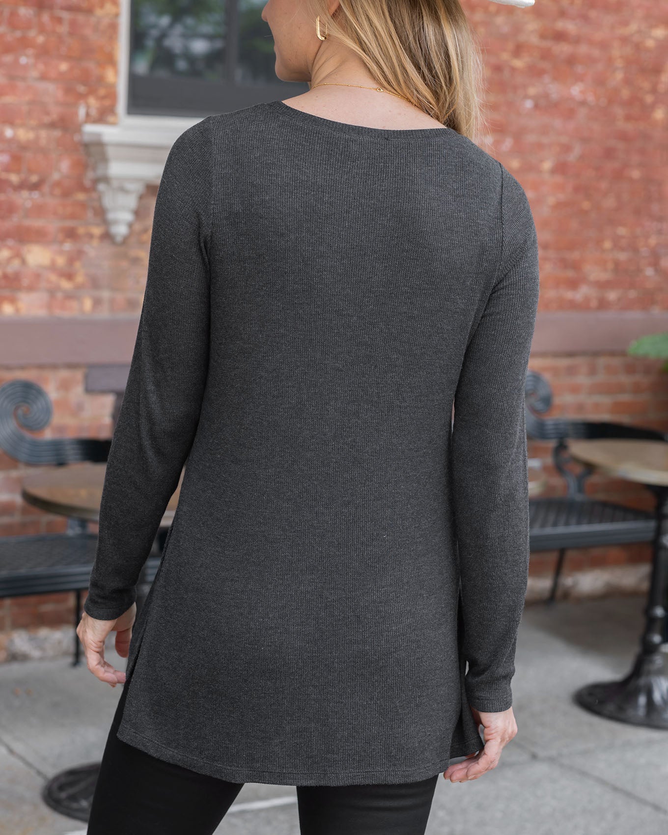 back view of charcoal long sleeve tunic tee