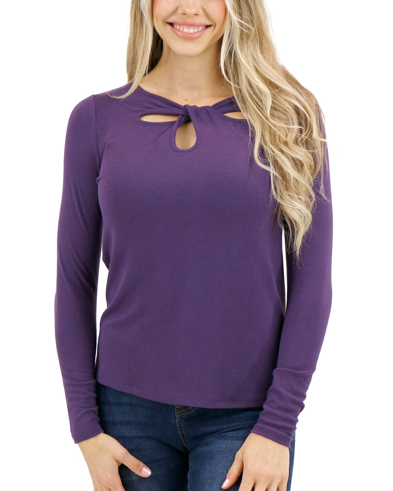 Front stock shot of Mystic Purple Long Sleeve Twist Front Top