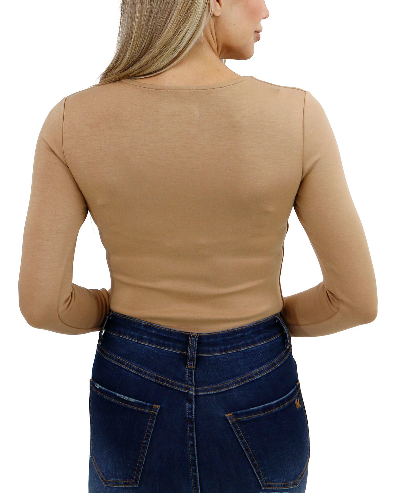 back view stock shot of camel luxe long sleeve bodysuit