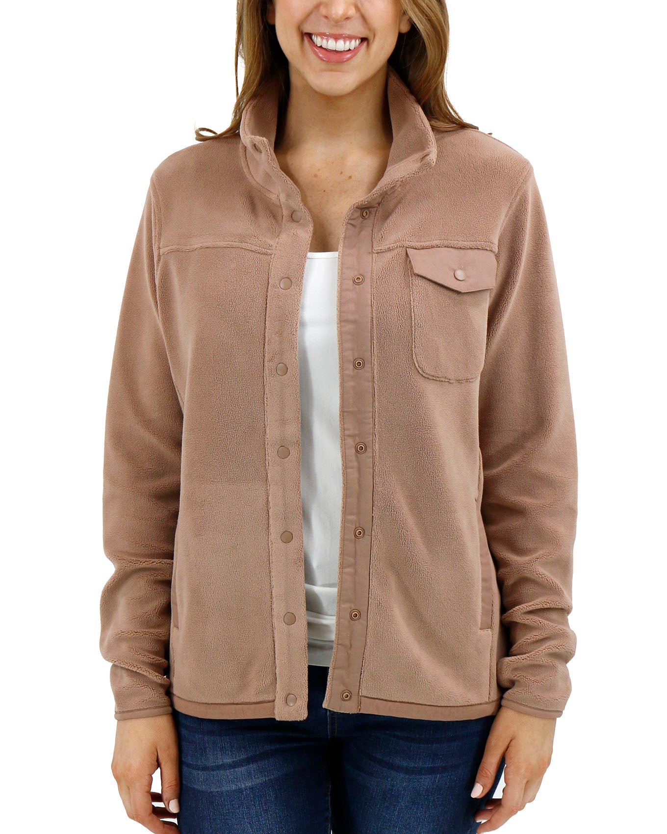 Front view stock shot of Cappuccino Luxe Teddy Fleece Jacket