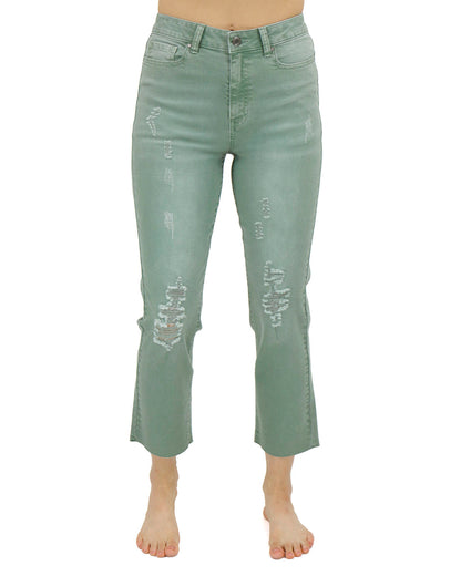 Front stock shot of Dusty Olive Mel’s Fave Distressed Cropped Straight Leg Colored Denim