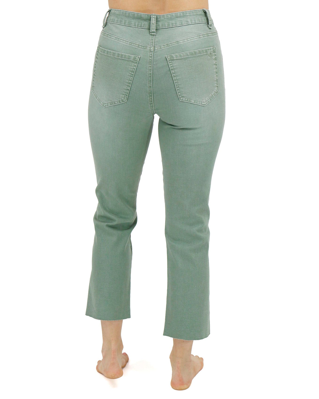 Back stock shot of Dusty Olive Mel’s Fave Distressed Cropped Straight Leg Colored Denim