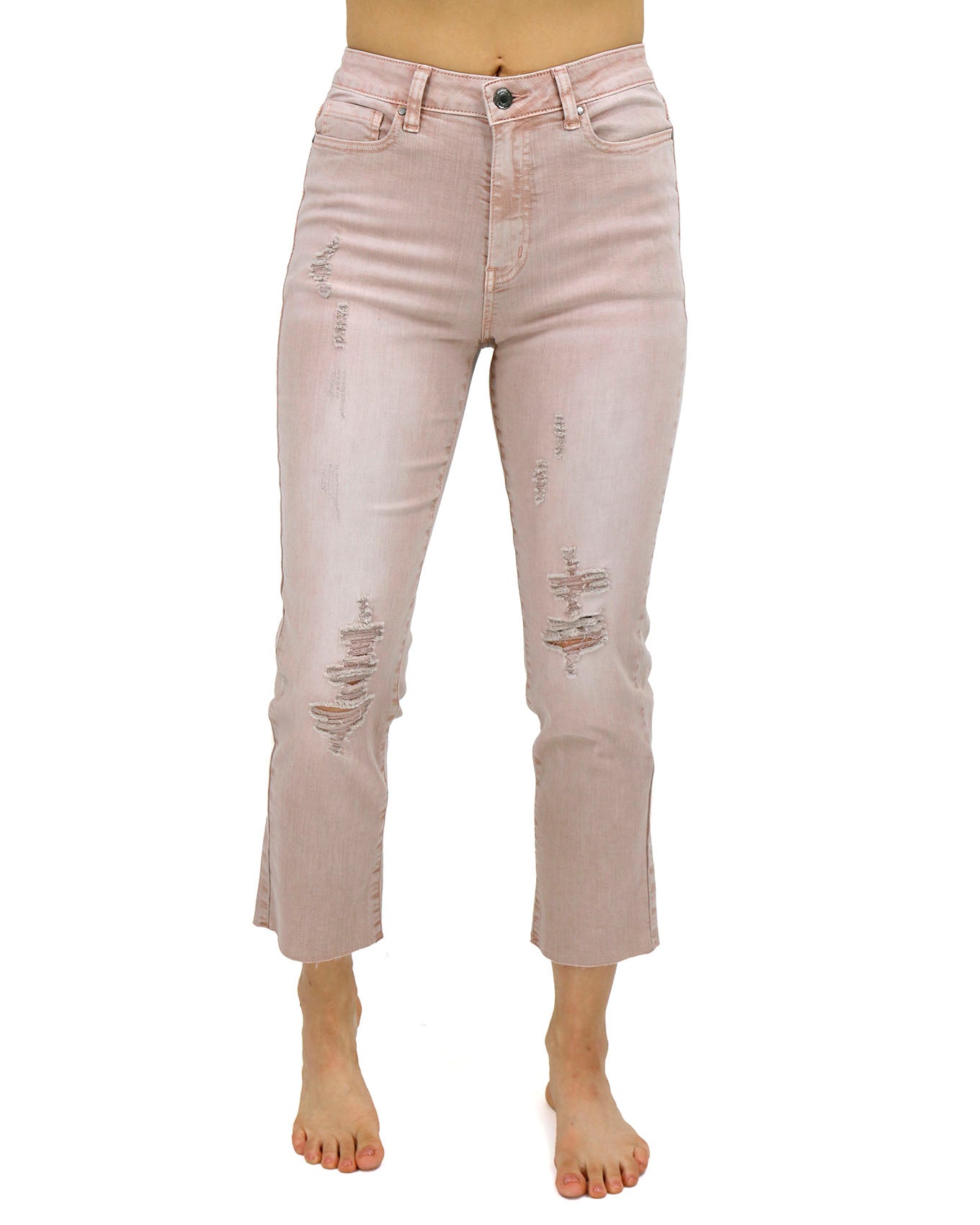 Front stock shot of Blush Mel’s Fave Distressed Cropped Straight Leg Colored Denim