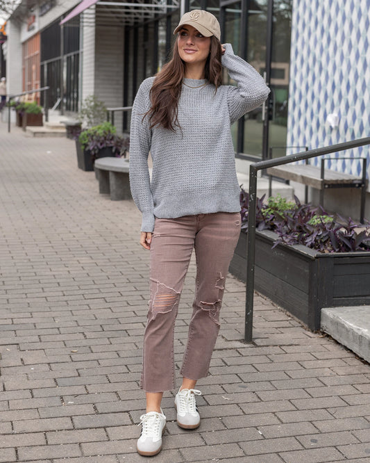 Mel's Fave Distressed Cropped Straight Leg Colored Denim in Vintage Wine dusty purple jeans