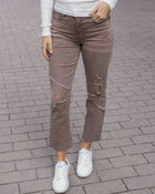 Mel's Fave Distressed Cropped Straight Leg Colored Denim in Vintage Wine