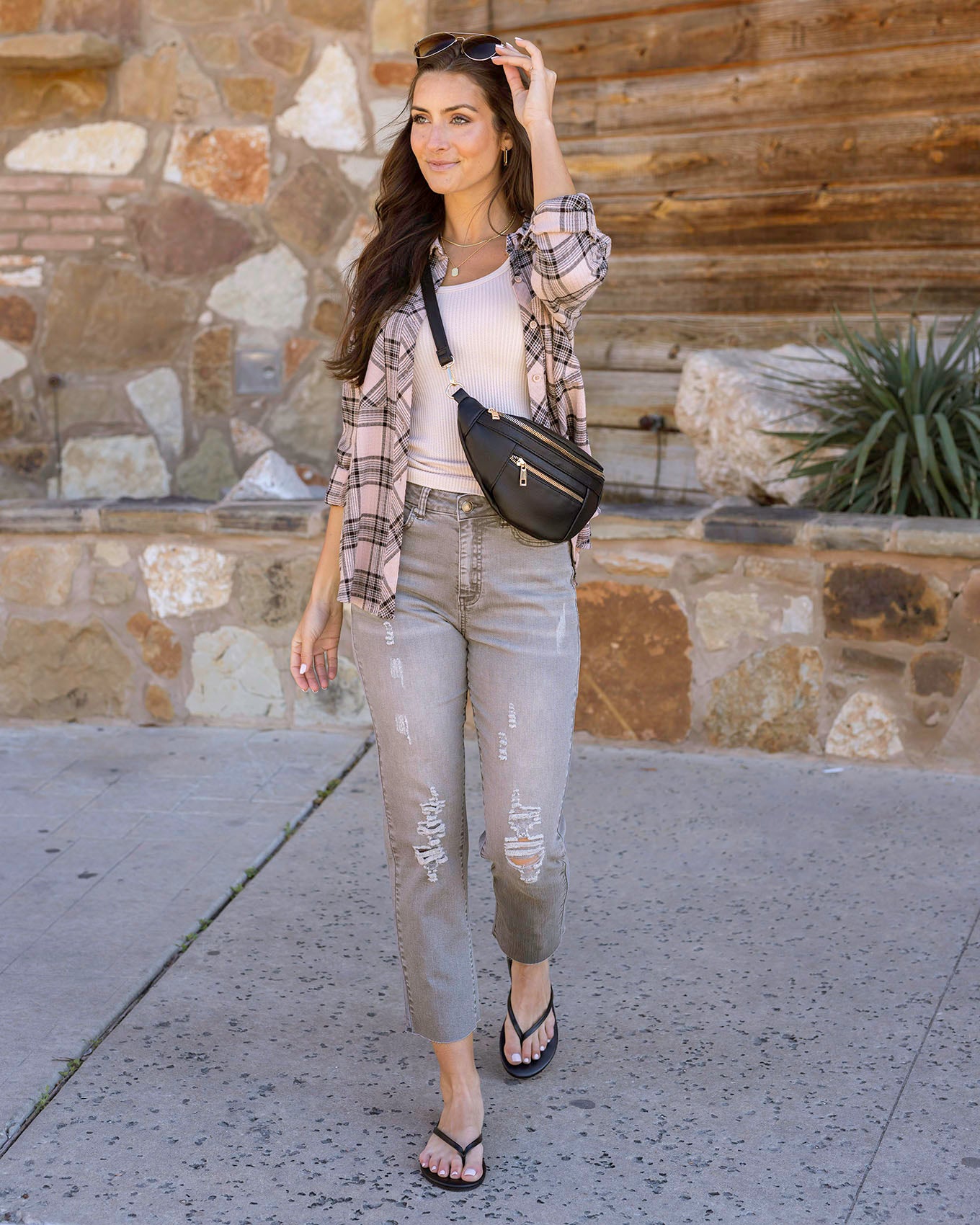 Styled view of Gray Mel’s Fave Distressed Cropped Straight Leg Colored Denim