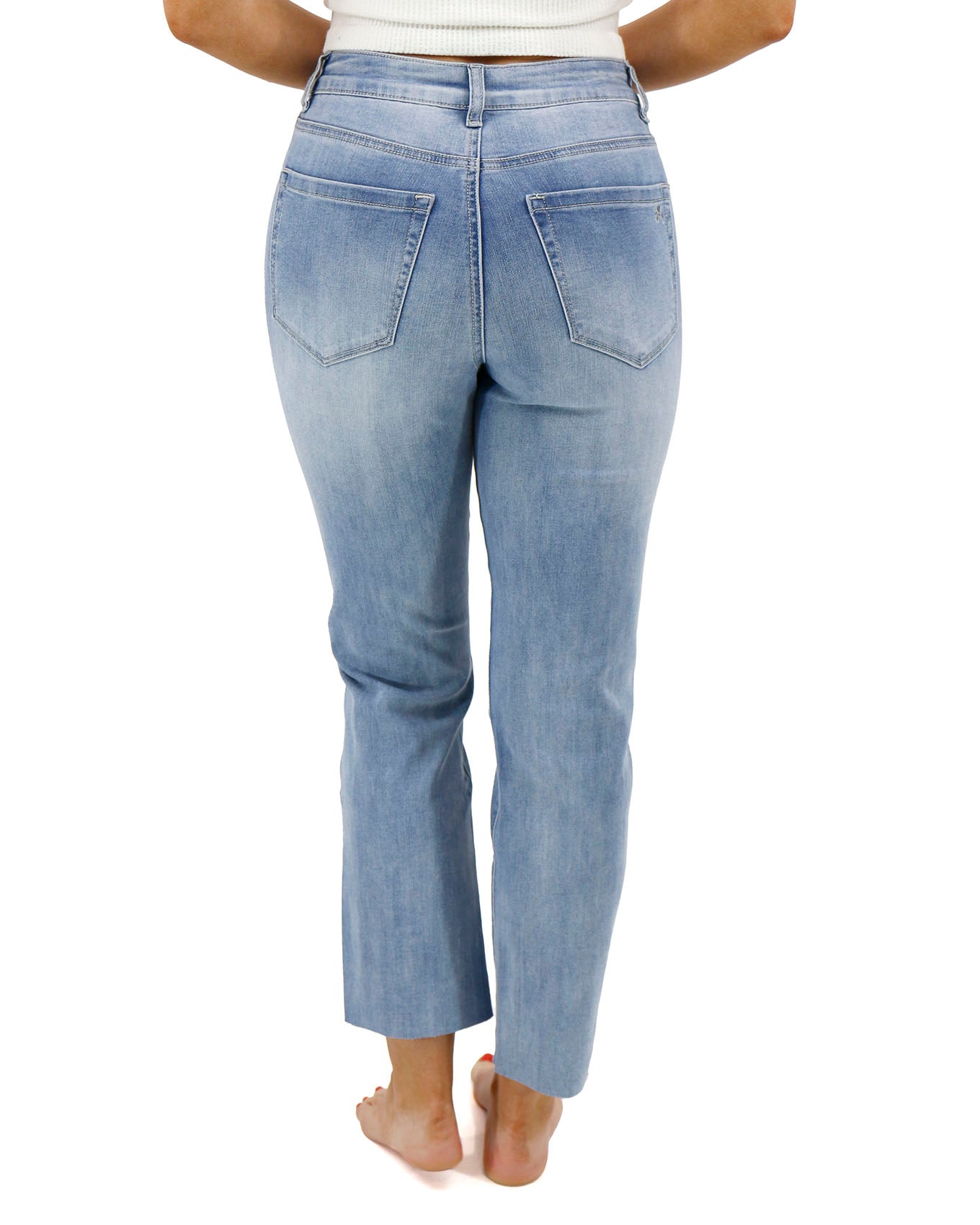 Back stock shot of Light-Mid Wash Mel’s Fave Non Distressed Straight Leg Cropped Denim