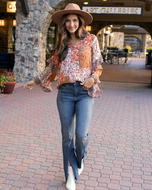 Mixed Print Autumn Patchwork Ruffle Top Ruffle top