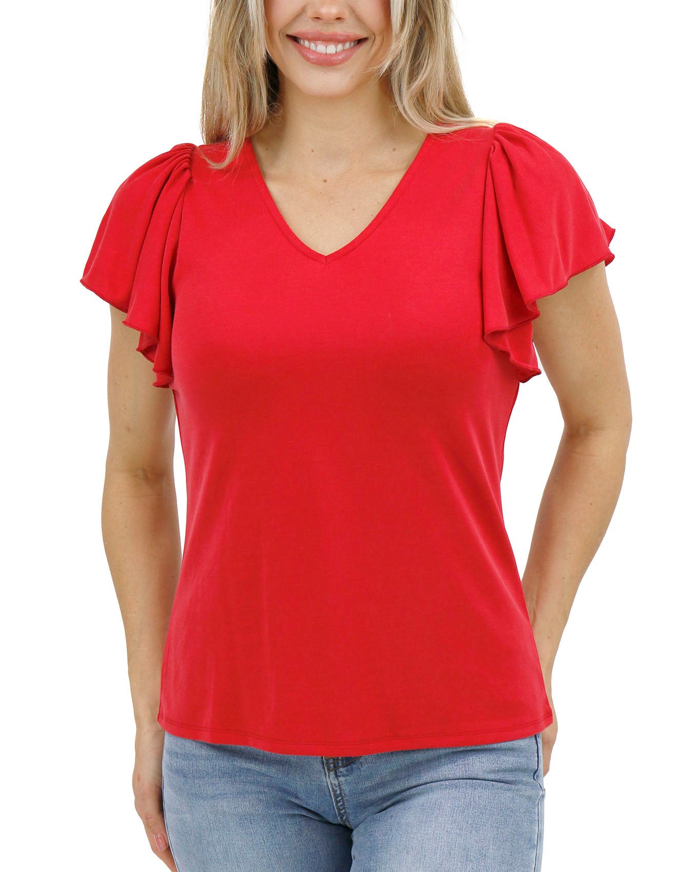 Front stock shot of Cherry Modal Flutter Sleeve Top