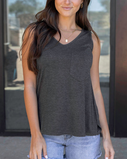 Front view of Charcoal Perfect Pocket V-Neck Tank Front view of Charcoal Perfect Pocket V-Neck Tank