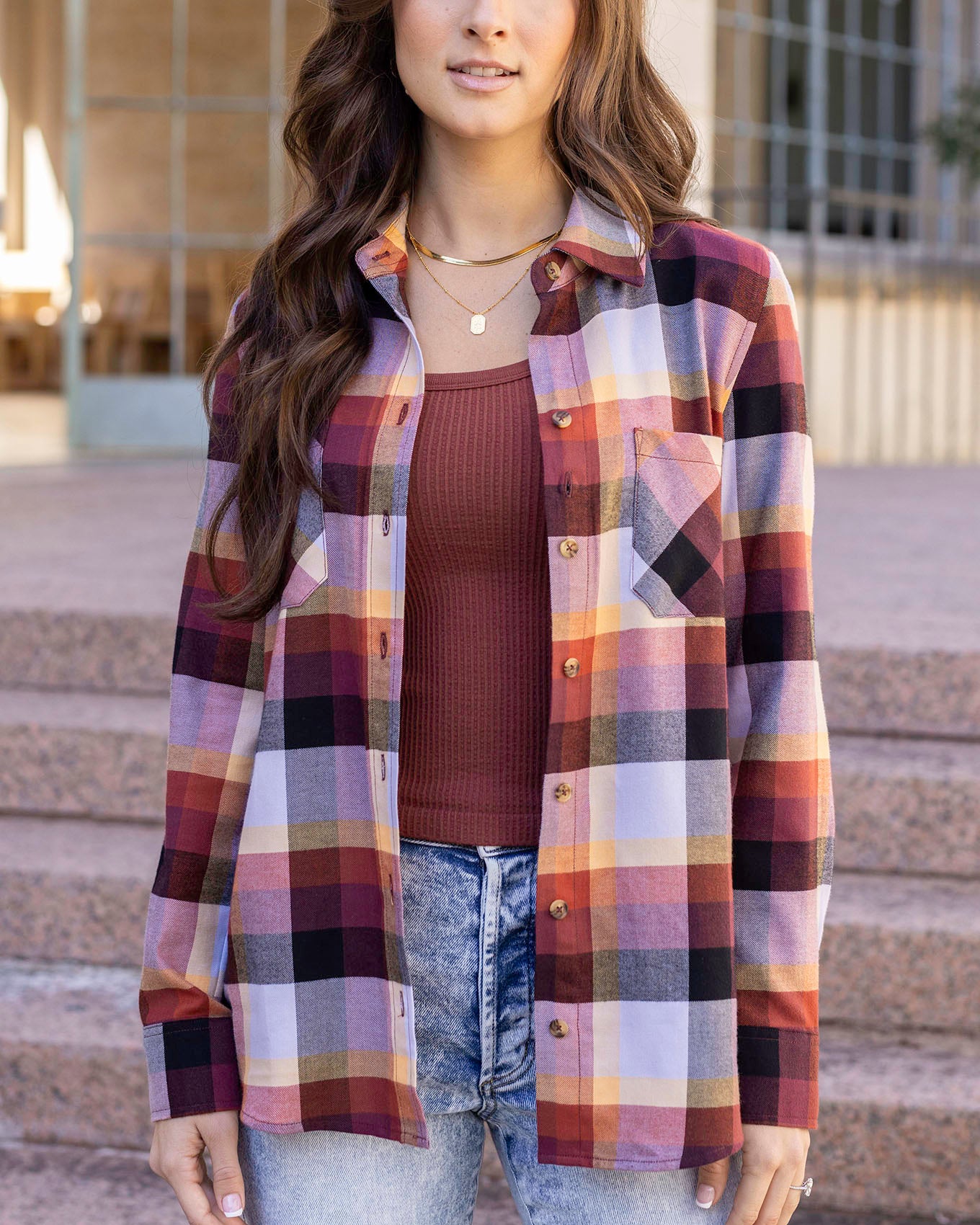 front view of plaid flannel top