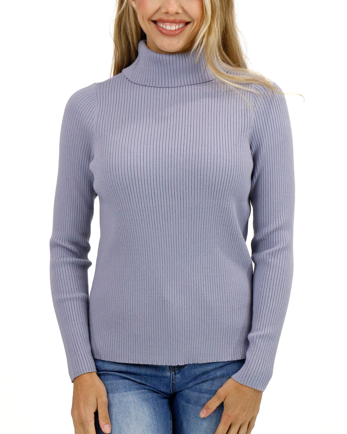 front view stock shot of light blue ribbed turtleneck