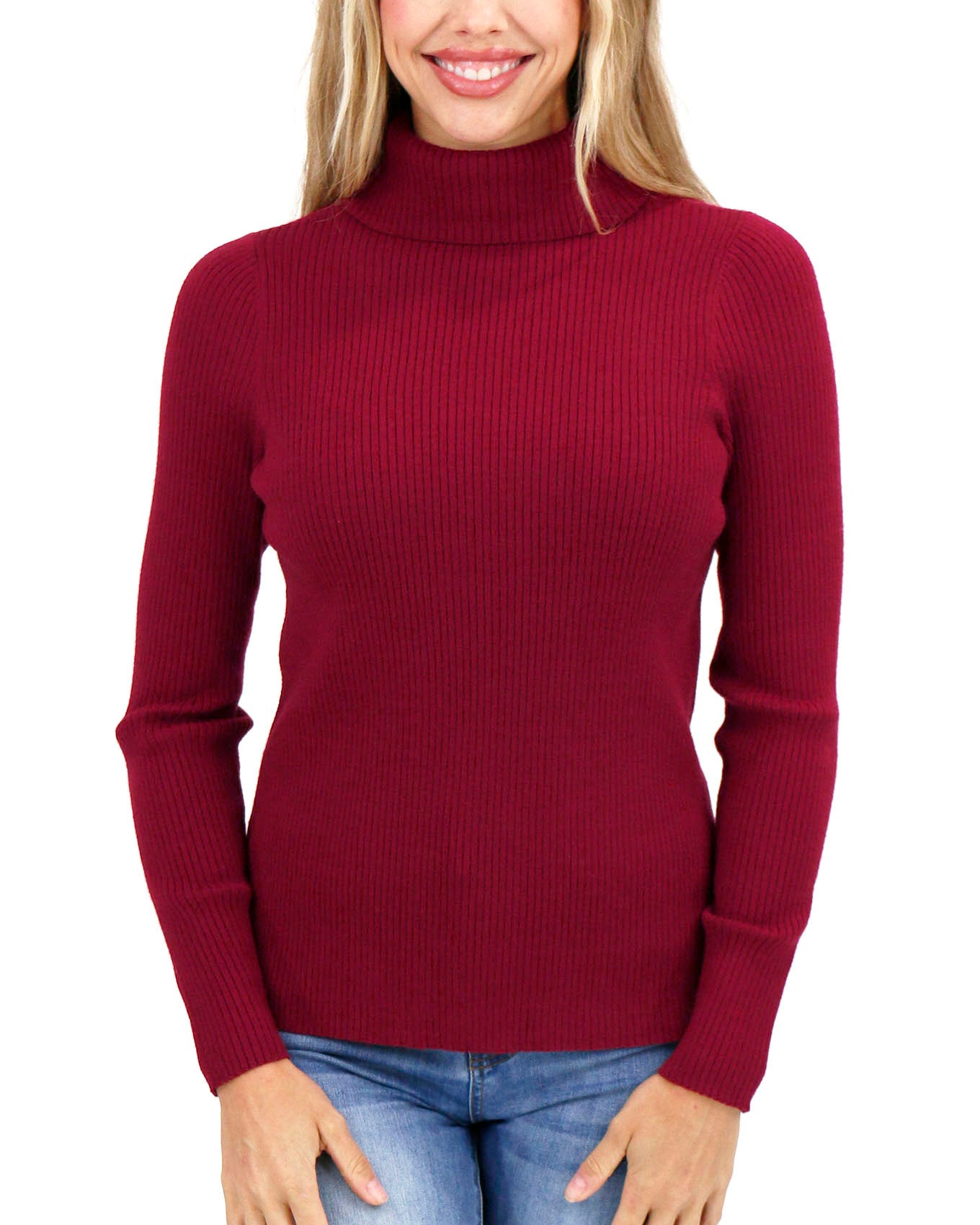 front view stock shot of red ribbed turtle neck