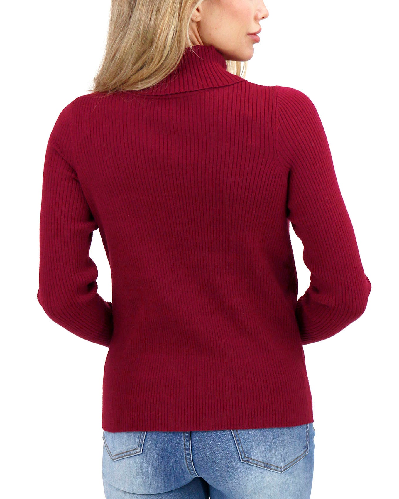 back view stock shot of red ribbed turtle neck