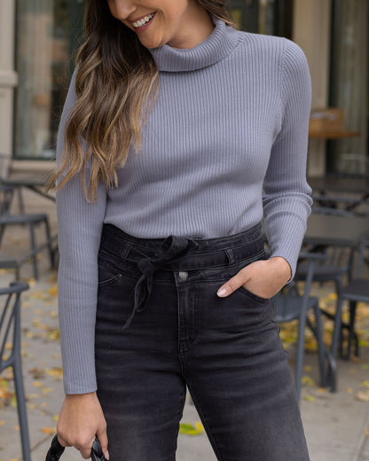 front view of light blue ribbed turtleneck