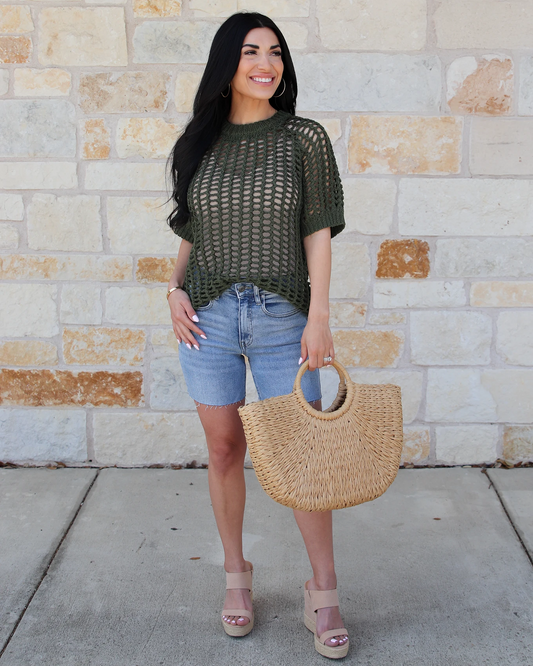 Open Knit Olive Short Sleeve Pullover Crochet shirt