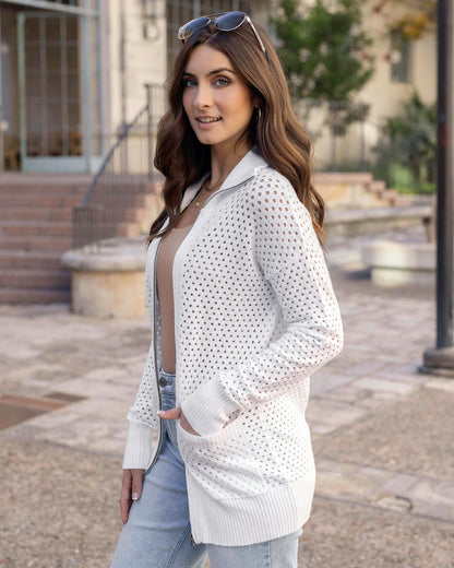 Side view of White Open Knit Zippered Cardigan
