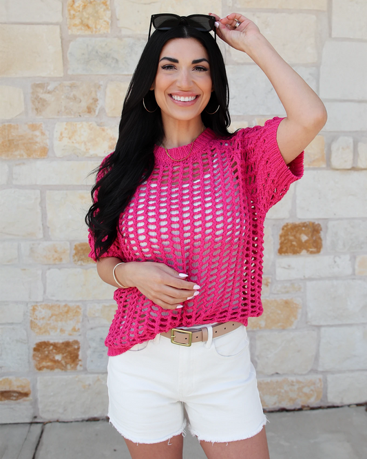 Open Knit Pink Short Sleeve Pullover Crochet shirt