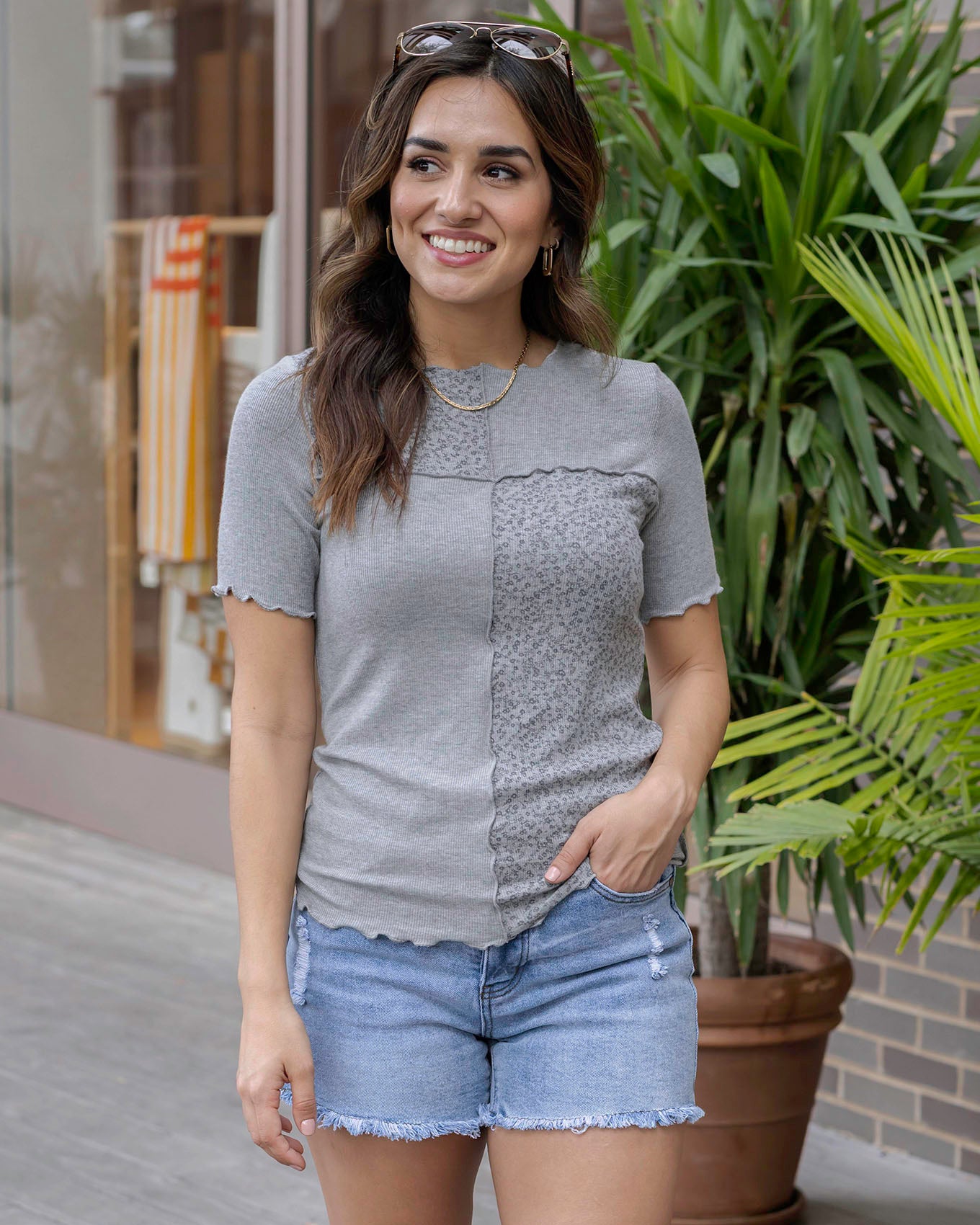 Full styled view of Heathered Grey Patched Ribbed Knit Tee