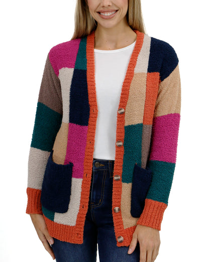 front view stock shot of cloud patchwork cardi