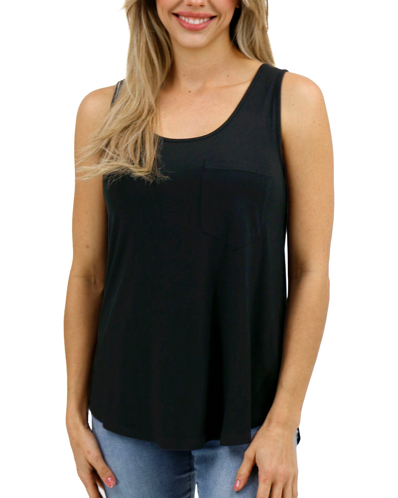 Front stock shot of Black Perfect Pocket Scoop Neck Tank
