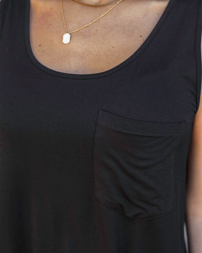 Close up view of Black Perfect Pocket Scoop Neck Tank