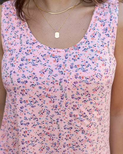 Close up view of Pink Mini Floral Perfect Pocket Scoop Neck Tank