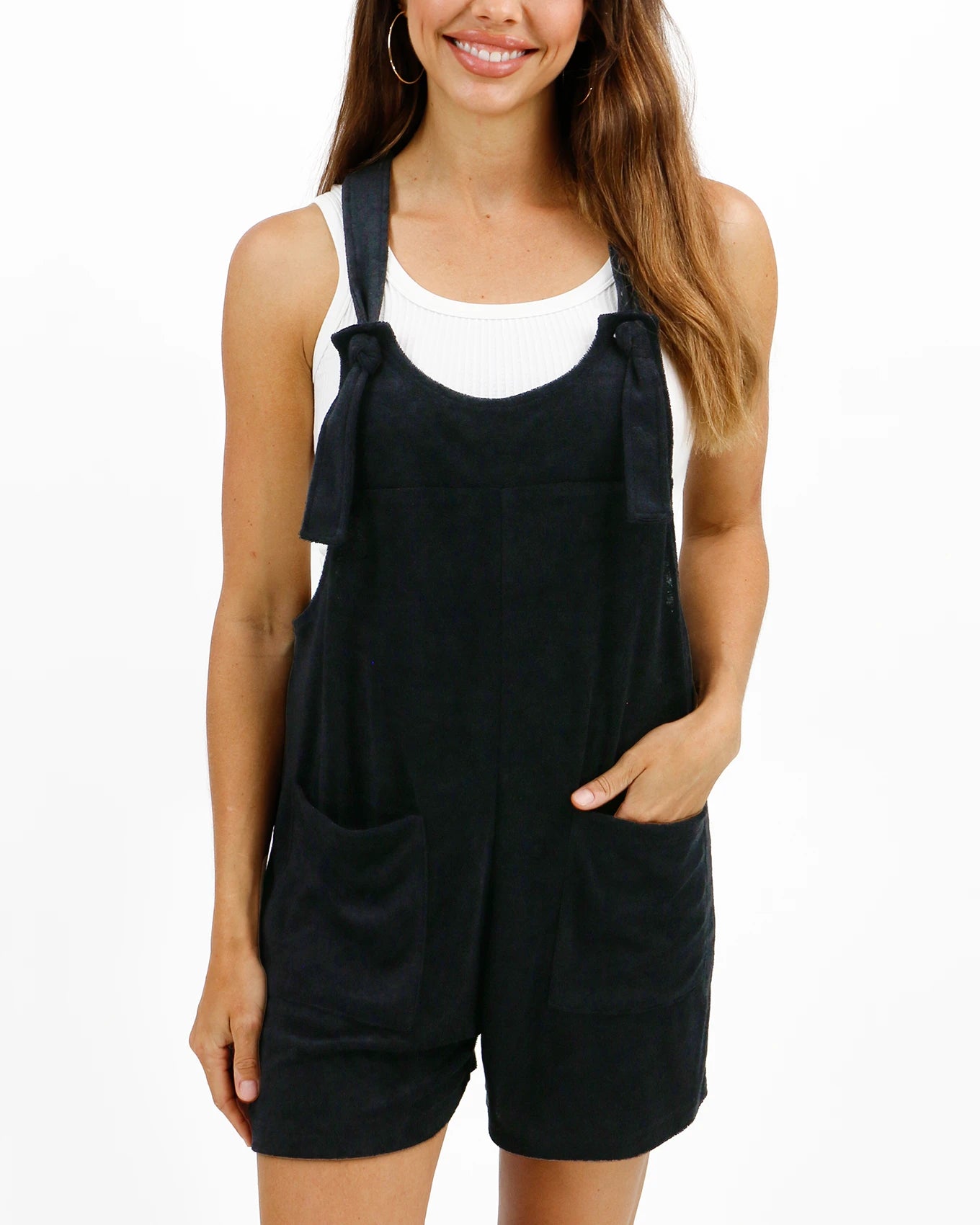 Black terry cloth romper for women