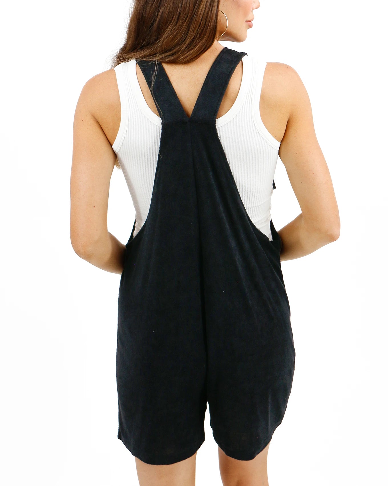 Back view black terry cloth romper for women