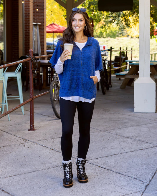 Heathered Blue Quarter Zip Bambü Poncho Hooded poncho