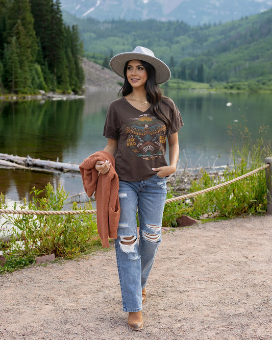 Relaxed Fit V-Neck Graphic Tee - Roam Free Brown graphic tee